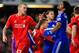 LONDON, ENGLAND - JANUARY 27: Martin Skrtel of Liverpool clashes with Diego Costa of Chelsea during the Capital One Cup Semi-Final second leg between Chelsea and Liverpool at Stamford Bridge on January 27, 2015 in London, England. (Photo by Mike Hewitt/