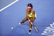 MELBOURNE, AUSTRALIA - JANUARY 31: Serena Williams of the United States plays a backhand in her women's final match against Maria Sharapova of Russia during day 13 of the 2015 Australian Open at Melbourne Park on January 31, 2015 in Melbourne, Australia.