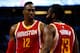 ORLANDO, FL - JANUARY 14: Dwight Howard #12 of the Houston Rockets speaks with James Harden #13 during the game at Amway Center on January 14, 2015 in Orlando, Florida. NOTE TO USER: User expressly acknowledges and agrees that, by downloading and or usin