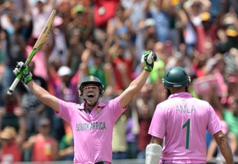 JOHANNESBURG, SOUTH AFRICA - JANUARY 18: AB de Villiers of South Africa celebrates his 100 runs off 31 balls during the 2nd Momentum ODI between South Africa and West Indies at Bidvest Wanderers Stadium on January 18, 2015 in Johannesburg, South Africa. (