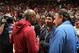 MIAMI, FL - JANUARY 27: Boxers, Manny Pacquiao and Floyd Mayweather Jr talk before the game between the Milwaukee Bucks and Miami Heat on January 27, 2015 at American Airlines Arena in Miami, Florida. NOTE TO USER: User expressly acknowledges and agrees