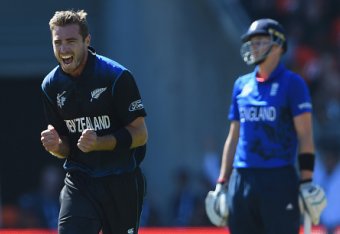 WELLINGTON, NEW ZEALAND - FEBRUARY 20:  Tim Southee of New Zealand celebrates after taking the wicket of Chris Woakes of England during the 2015 ICC Cricket World Cup match between England and New Zealand at Wellington Regional Stadium on February 20, 201