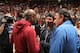 MIAMI, FL - JANUARY 27: Boxers, Manny Pacquiao and Floyd Mayweather Jr talk before the game between the Milwaukee Bucks and Miami Heat on January 27, 2015 at American Airlines Arena in Miami, Florida. NOTE TO USER: User expressly acknowledges and agrees