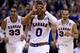 LAWRENCE, KS - FEBRUARY 28: Frank Mason III #0 of the Kansas Jayhawks celebrates a three-point shot against against the Texas Longhorns in the second half at Allen Fieldhouse on February 28, 2015 in Lawrence, Kansas. Kansas won 69-64. (Photo by Ed Zurga/