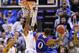 INDIANAPOLIS, IN - NOVEMBER 18: Andrew Harrison #5 of the Kentucky Wildcats defends the shot of Frank Mason III #0 of the Kansas Jayhawks in the State Farm Champions Classic at Bankers Life Fieldhouse on November 18, 2014 in Indianapolis, Indiana. (Pho