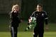 MARBELLA, SPAIN - FEBRUARY 09: Head coach Silvia Neid talks with goalkeeper Nadine Angerer during a Germany Women's Training Session at Marbella Football Center on February 9, 2015 in Marbella, Spain. (Photo by Sergio Camacho/Getty Images)