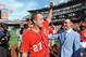 Sep 28, 2014; Washington, DC, USA; Washington Nationals starting pitcher Jordan Zimmermann (27) salutes the crowd after recording his final out of a no-hitter against the Miami Marlins at Nationals Park. Mandatory Credit: Brad Mills-USA TODAY Sports