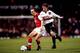 14 Apr 1999: Lee Dixon of Arsenal is closed down by Ole Gunnar Solskjaer of Manchester United in the FA Cup semi-final replay at Villa Park in Birmingham, England. United won 2-1 after extra-time. \ Mandatory Credit: Shaun Botterill /Allsport