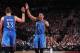 PORTLAND, OR - FEBRUARY 27: Russell Westbrook #0 and Mitch McGary #33 of the Oklahoma City Thunder celebrate during the game against the Portland Trail Blazers on February 27, 2015 at the Moda Center in Portland, Oregon. NOTE TO USER: User expressly ackn