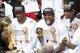 Jun 20, 2013; Miami, FL, USA; Miami Heat shooting guard Dwyane Wade (left), LeBron James (center) and Chris Bosh (right) celebrate after game seven in the 2013 NBA Finals at American Airlines Arena. Miami defeated the San Antonio Spurs 95-88 to win the NB