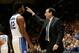 Jan 19, 2015; Durham, NC, USA; Duke Blue Devils head coach Mike Krzyzewski talks to forward Justise Winslow (12) on the sidelines in their game against the Pittsburgh Panthers at Cameron Indoor Stadium. Mandatory Credit: Mark Dolejs-USA TODAY Sports