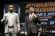 LOS ANGELES, CA - MARCH 11: Floyd Mayweather (L) and Manny Pacquiao pose together at the end of their Press Conference promoting their upcoming fight on March 11, 2015 in Los Angeles, California. (Photo by Stephen Dunn/Getty Images)