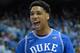 CHAPEL HILL, NC - MARCH 07: Jahlil Okafor #15 of the Duke Blue Devils reacts after scoring against the North Carolina Tar Heels during their game at the Dean Smith Center on March 7, 2015 in Chapel Hill, North Carolina. (Photo by Grant Halverson/Getty I