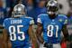 DETROIT, MI - NOVEMBER 27: Calvin Johnson #81 celebrates a second quarter touchdown with Eric Ebron #85 of the Detroit Lions while playing the Chicago Bears at Ford Field on November 27, 2014 in Detroit, Michigan. (Photo by Gregory Shamus/Getty Images)