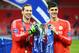 LONDON, ENGLAND - MARCH 01: Petr Cech and Thibaut Courtois of Chelsea pose with the trophy during the Capital One Cup Final match between Chelsea and Tottenham Hotspur at Wembley Stadium on March 1, 2015 in London, England. (Photo by Clive Mason/Getty I