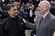 SACRAMENTO, CA - FEBRUARY 20: Head coach George Karl of the Sacramento Kings (R) gets greeted by the owner Vivek Ranadive' (L) prior to the start of the game against the Boston Celtics at Sleep Train Arena on February 20, 2015 in Sacramento, California.