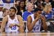 Apr 4, 2015; Indianapolis, IN, USA; Kentucky Wildcats forward Karl-Anthony Towns (12) and Dakari Johnson (44) sit on the bench following their loss to the Wisconsin Badgers 71-64 in the 2015 NCAA Men's Division I Championship semi-final game at Lucas Oil