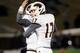 STATESBORO, GA - NOVEMBER 29: Kicker Justin Manton #17 of the Louisiana Monroe Warhawks is congratulated by teammate quarterback Brayle Brown after hitting a field goal against the Georgia Southern Eagles during the fourth quarter on November 29, 2014 at