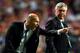 LISBON, PORTUGAL - MAY 24: Head Coach, Carlo Ancelotti of Real Madrid looks to Assistant coach Zinedine Zidane of Real Madrid as he shouts instructions during the UEFA Champions League Final between Real Madrid and Atletico de Madrid at Estadio da Luz on