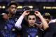 INDIANAPOLIS, IN - APRIL 06: Amile Jefferson #21 and Tyus Jones #5 of the Duke Blue Devils celebrate after defeating the Wisconsin Badgers during the NCAA Men's Final Four National Championship at Lucas Oil Stadium on April 6, 2015 in Indianapolis, Indian