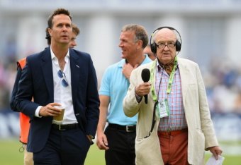 NOTTINGHAM, ENGLAND - JULY 11: Ex England captain's Michael Vaughan (l) Alec Stewart look with Commentator Henry Blofeld before day three of the 1st Investec Test Match between England and India at Trent Bridge on July 11, 2014 in Nottingham, England.