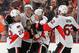 PHILADELPHIA, PA - APRIL 11: Mark Stone #61 of the Ottawa Senators celebrates his third period goal against the Philadelphia Flyers, his second of the game, with teammates Erik Condra #22, Kyle Turris #7, and Eric Gryba #62 on April 11, 2015 at the Wells