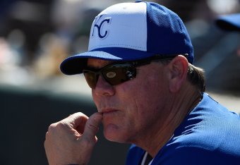 SURPRISE, AZ - MARCH 05:  Manager Ned Yost of the Kansas City Royals looks on during the game against the Texas Rangers at Surprise Stadium on March 5, 2015 in Surprise, Arizona.  (Photo by Lisa Blumenfeld/Getty Images)