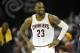 Apr 19, 2015; Cleveland, OH, USA; Cleveland Cavaliers forward LeBron James (23) reacts in the second quarter against the Boston Celtics in game one of the first round of the NBA Playoffs at Quicken Loans Arena. Mandatory Credit: David Richard-USA TODAY Sp