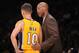SAN DIEGO, CA- OCTOBER 6: Byron Scott, Head Coach, and Steve Nash #10 of the Los Angeles Lakers speak during a game against the Denver Nuggets as the Los Angeles Lakers take on the Denver Nuggets at the Valley View Sports Arena in San Diego, California o