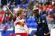 Apr 26, 2015; Harrison, NJ, USA; New York Red Bulls midfielder Dax McCarty (11) reacts before Los Angeles Galaxy forward Bradford Jamieson (38) is called for hand ball during second half at Red Bull Arena. Final score 1-1. Mandatory Credit: Noah K. Murra