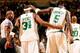 BOSTON - NOVEMBER 7: Paul Pierce #34 and Kevin Garnett #5 of the Boston Celtics walk to the bench during the game against the Denver Nuggets on November 7, 2007 at the TD Banknorth Garden in Boston, Massachusetts. The Celtics won 119-93. NOTE TO USER: