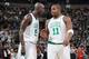 BOSTON - NOVEMBER 10: Kevin Garnett #5 and Glen Davis #11 of the Boston Celtics talk on the court during the game against the Toronto Raptors on November 10, 2008 at the TD Banknorth Garden in Boston, Massachusetts. The Celtics won 94-87. NOTE TO USER: U