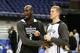 LONDON, ENGLAND - JANUARY 15: Kevin Garnett and Mason Plumlee of the Brooklyn Nets during practice as part of the 2014 Global Games on January 15, 2014 at The O2 Arena in London, England. NOTE TO USER: User expressly acknowledges and agrees that, by down