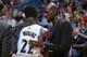 MINNEAPOLIS, MN - APRIL 13: Kevin Garnett #21 talks with teammate Andrew Wiggins #22 of the Minnesota Timberwolves during the game against the New Orleans Pelicans on April 13, 2015 at Target Center in Minneapolis, Minnesota. NOTE TO USER: User expressly