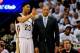 Apr 25, 2015; New Orleans, LA, USA; New Orleans Pelicans head coach Monty Williams talks with forward Anthony Davis (23) during the first half in game four of the first round of the NBA Playoffs against the Golden State Warriors at the Smoothie King Cente