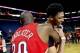 Apr 15, 2015; New Orleans, LA, USA; New Orleans Pelicans forward Anthony Davis (23) celebrates with guard Quincy Pondexter (20) after defeating the San Antonio Spurs at the Smoothie King Center.The Pelicans won 108-103 to earn the eight seed in the Wester