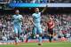 MANCHESTER, ENGLAND - MAY 10: Sergio Aguero of Manchester City celebrates after scoring his team's third goal during the Barclays Premier League match between Manchester City and Queens Park Rangers at the Etihad Stadium on May 10, 2015 in Manchester, En