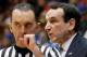 Feb 28, 2015; Durham, NC, USA; Duke Blue Devils head coach Mike Krzyzewski talks to official Roger Ayers in their game against the Syracuse Orange at Cameron Indoor Stadium. Mandatory Credit: Mark Dolejs-USA TODAY Sports