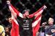 May 30, 2015; Goiania, GO, Brazil; Nicolas Dalby (blue gloves) reacts after defeating Elizeu Zaleski during UFC Fight Night at Goiania Arena. Mandatory Credit: Jason Silva-USA TODAY Sports