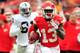 KANSAS CITY, MO - DECEMBER 14: De'Anthony Thomas #13 of the Kansas City Chiefs returns a punt for a touchdown against the Oakland Raiders during the first quarter at Arrowhead Stadium on December 14, 2014 in Kansas City, Missouri. (Photo by Jamie Squire