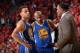 HOUSTON, TX - MAY 25: Stephen Curry #30, Leandro Barbosa #19, and Alvin Gentry of the Golden State Warriors speak during a game against the Houston Rockets in Game Four of the Western Conference Finals during the 2015 NBA Playoffs on May 25, 2015 at the T