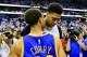 Apr 25, 2015; New Orleans, LA, USA; New Orleans Pelicans forward Anthony Davis (23) and Golden State Warriors guard Stephen Curry (30) talk following game four of the first round of the NBA Playoffs at the Smoothie King Center. The Warriors defeated the P