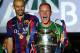 BERLIN, GERMANY - JUNE 06: Marc-Andre ter Stegen of Barcelona celebrates with the trophy as Javier Mascherano of Barcelona looks on during the UEFA Champions League Final between Juventus and FC Barcelona at Olympiastadion on June 6, 2015 in Berlin, Germa