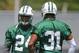 Jun 9, 2015; Florham Park, NJ, USA; New York Jets cornerback Darrelle Revis (24) and New York Jets cornerback Antonio Cromartie (31) talk during New York Jets minicamp at Atlantic Health Jets Training Center. Mandatory Credit: Ed Mulholland-USA TODAY Spor