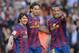 BARCELONA, SPAIN - APRIL 24: Lionel Messi (L), Zlatan Ibrahimovic (C) and Thierry Henry of Barcelona celebrate after Ibrahimovic scored his team's third goal during the La Liga match between Barcelona and Xerez CD at Camp Nou stadium on April 24, 2010 in