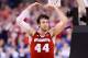 INDIANAPOLIS, IN - APRIL 06: Frank Kaminsky #44 of the Wisconsin Badgers reacts after a play in the second half against the Duke Blue Devils during the NCAA Men's Final Four National Championship at Lucas Oil Stadium on April 6, 2015 in Indianapolis, Indi