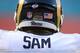 MIAMI GARDENS, FL - AUGUST 28: Defensive end Michael Sam #96 of the St. Louis Rams takes part in pregame workouts before his team met the Miami Dolphins at Sun Life Stadium on August 28, 2014 in Miami Gardens, Florida. (Photo by Marc Serota/Getty Image