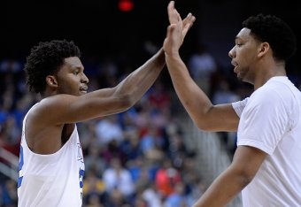 GREENSBORO, NC - MARCH 12: Justise Winslow #12 and Jahlil Okafor #15 of the Duke Blue Devils high-five during theit game against the North Carolina State Wolfpack during the quarterfinals of the ACC Basketball Tournament at Greensboro Coliseum on March 1