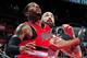 ATLANTA, GA - JANUARY 30: LaMarcus Aldridge #12 of the Portland Trail Blazers boxes out against Pero Antic #6 of the Atlanta Hawks on January 30, 2015 at Philips Arena in Atlanta, Georgia. NOTE TO USER: User expressly acknowledges and agrees that, by dow