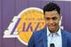 EL SEGUNDO, CA - JUNE 29: D'Angelo Russell #1 of the Los Angeles Lakers attends a press conference introducing draft picks at Toyota Sports Center on June 29, 2015 in El Segundo California. NOTE TO USER: User expressly acknowledges and agrees that, by d